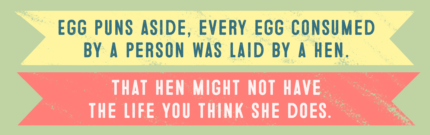 EGG PUNS ASIDE, EVERY EGG CONSUMED BY A PERSON WAS LAID BY A HEN. THAT HEN MIGHT NOT HAVE THE LIFE YOU THINK SHE DOES.