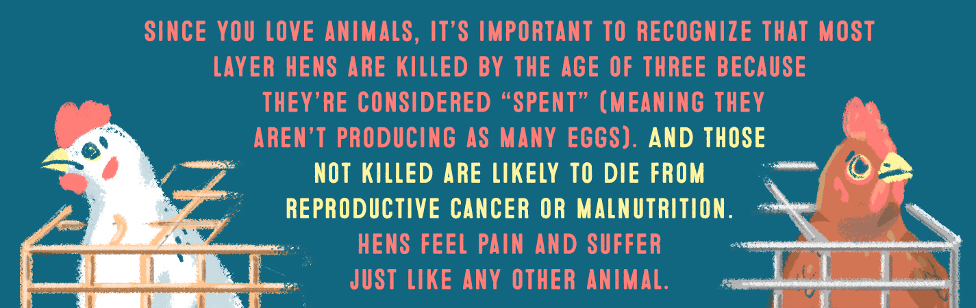 SINCE YOU LOVE ANIMALS, IT'S IMPORTANT TO REGOGNIZE THAT MOST LAYER HENS ARE KILLED BY THE AGE OF THREE BECAUSE THEY'RE CONSIDERED SPENT (MEANING THEY AREN'T PRODUCING EGGS). AND THOSE NOT KILLED ARE LIKELY TO DIE FROM REPRODUCTIVE CANCER OR MALNUTRITION. HENS FEEL PAIN AND SUFFER JUST LIKE ANY OTHER ANIMAL.